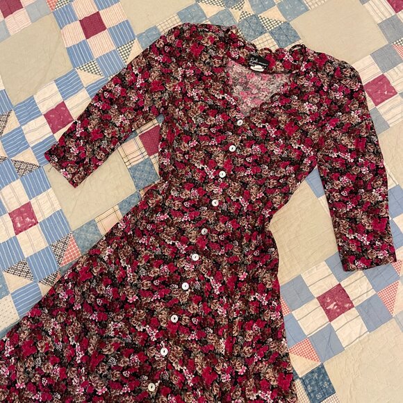 Vintage 80s does 40s BRELI ORIGINALS Secretary Dress Floral Rayon Maxi Medium - Picture 12 of 15